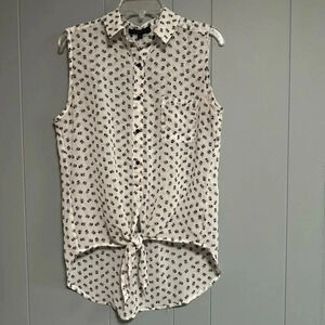 WISHFUL PARK Button Front Skull and Crossbones Print Tie Waist Sheer Top Size L